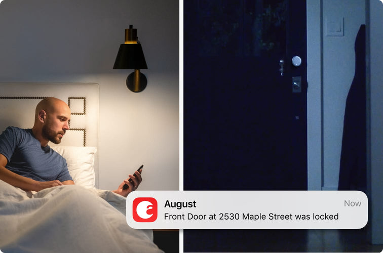 A bald man is in bed at night with a lamp and uses his phone to remotely lock his front door