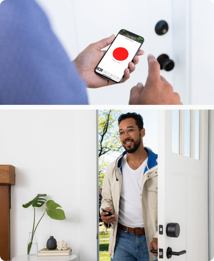 Man letting a guest in by unlocking the door with his Augus app