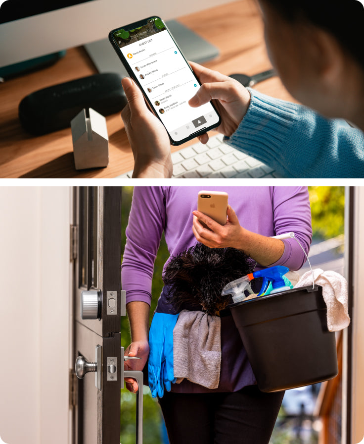 2 Images are shown of women using their smartphones to unlock their door with an app