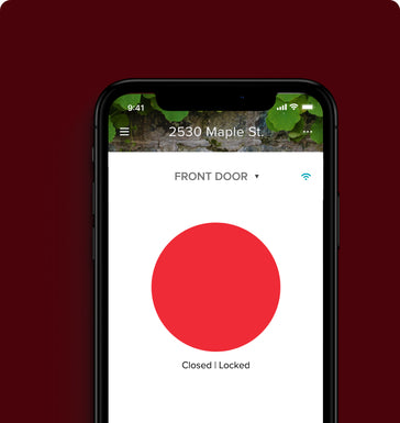 A smartphone app shows that the front door is locked with a red circle