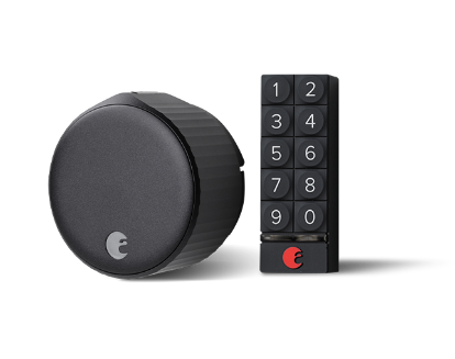 A black August wifi lock and a black keypad