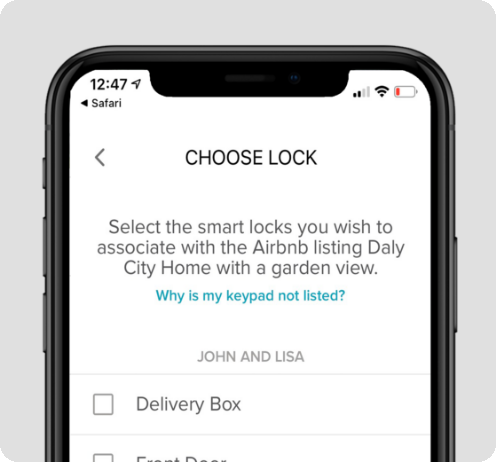 Choose smart lock to integrate with Airbnb on August app screen
